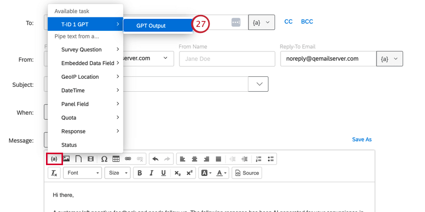 the piped text menu for a chat gpt output