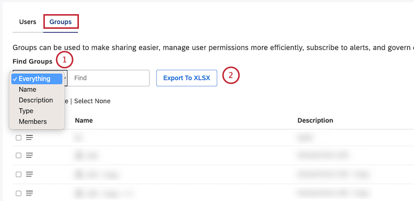 Recherche de groupes. Cliquez sur Exporter vers XLSX pour exporter les groupes vers un fichier Microsoft Excel (XLSX).