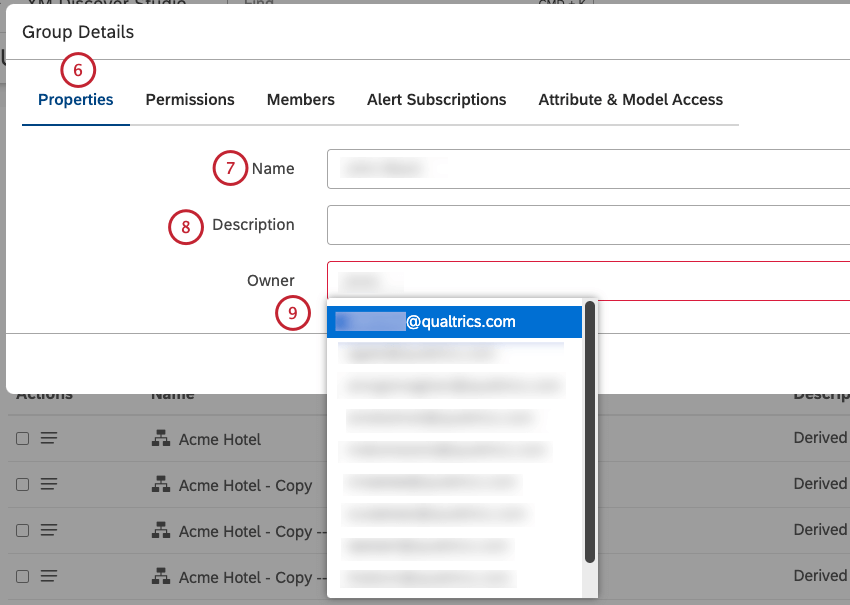 Im Fenster Gruppendetails können Sie Gruppeneigenschaften definieren. Wählen Sie die Registerkarte Eigenschaften. Geben Sie im Feld Name einen eindeutigen Namen für die Gruppe ein. Geben Sie im Feld Beschreibung eine Beschreibung der Gruppe ein. Dieser Schritt ist optional. Geben Sie die E-Mail-Adresse des Benutzers oder eines Teils davon in das Feld Eigentümer ein, warten Sie, bis die E-Mail-Adresse in der Liste angezeigt wird, und wählen Sie sie aus.