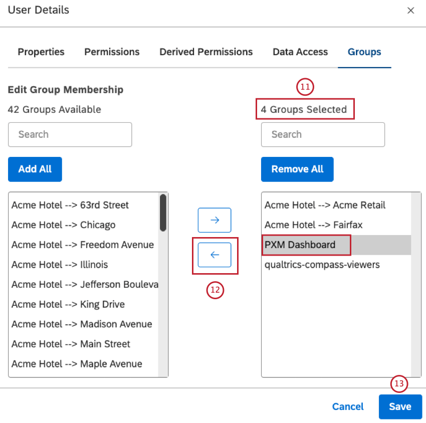 To remove a user from a group, select the group in the right column (Groups Selected). Move the group to the left column (Groups Available) by clicking the left-facing arrow. Click Save.