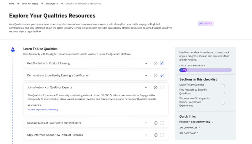 explore your qualtrics resources checklist with a few steps checked off