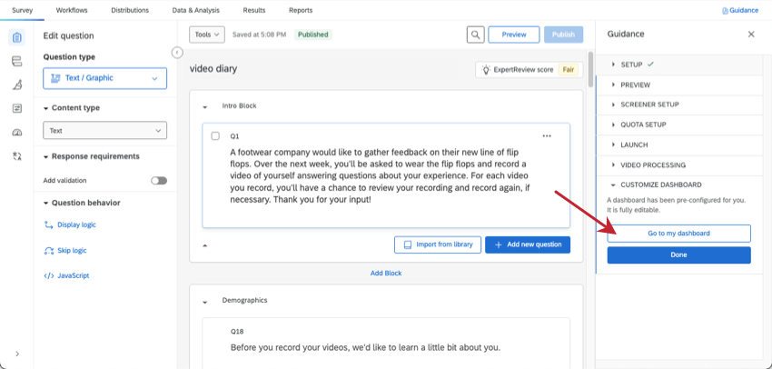 guidance panel opened on right in survey, got to my dashboard button highlighted