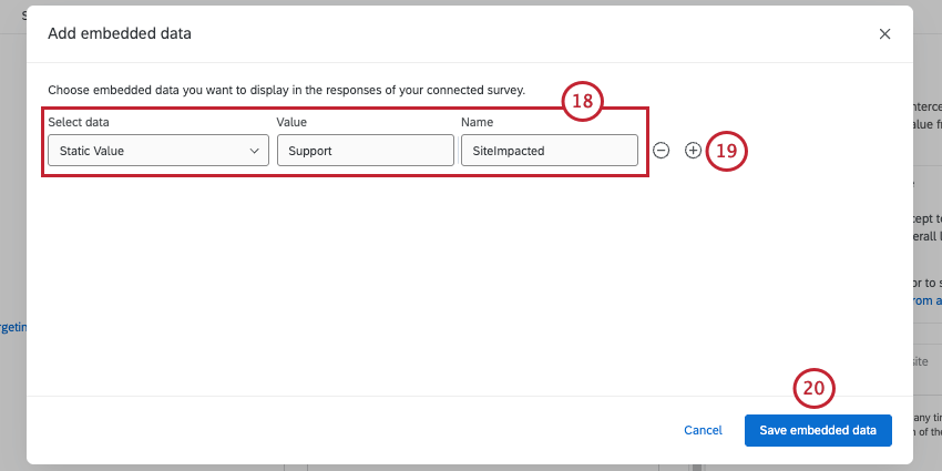 埋め込みデータの例は静的で、値はsupport、名前はsite impactedである。