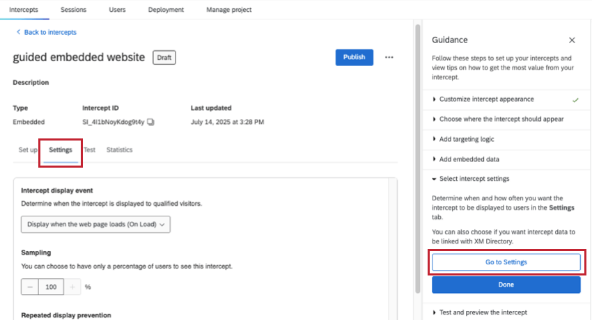 pour les paramètres surlignés sur la page de lintercept général et sur la barre latérale dorientation à droite