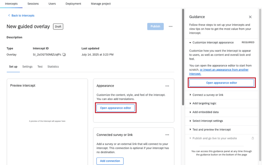 hervorhebung der Schaltfläche für den Erscheinungsbild-Editor auf der allgemeinen Intercept-Seite und in der rechten Seitenleiste der Anleitung