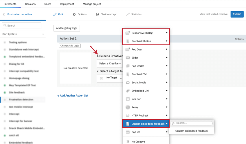 old intercept editor - select a creative dropdown expanded.