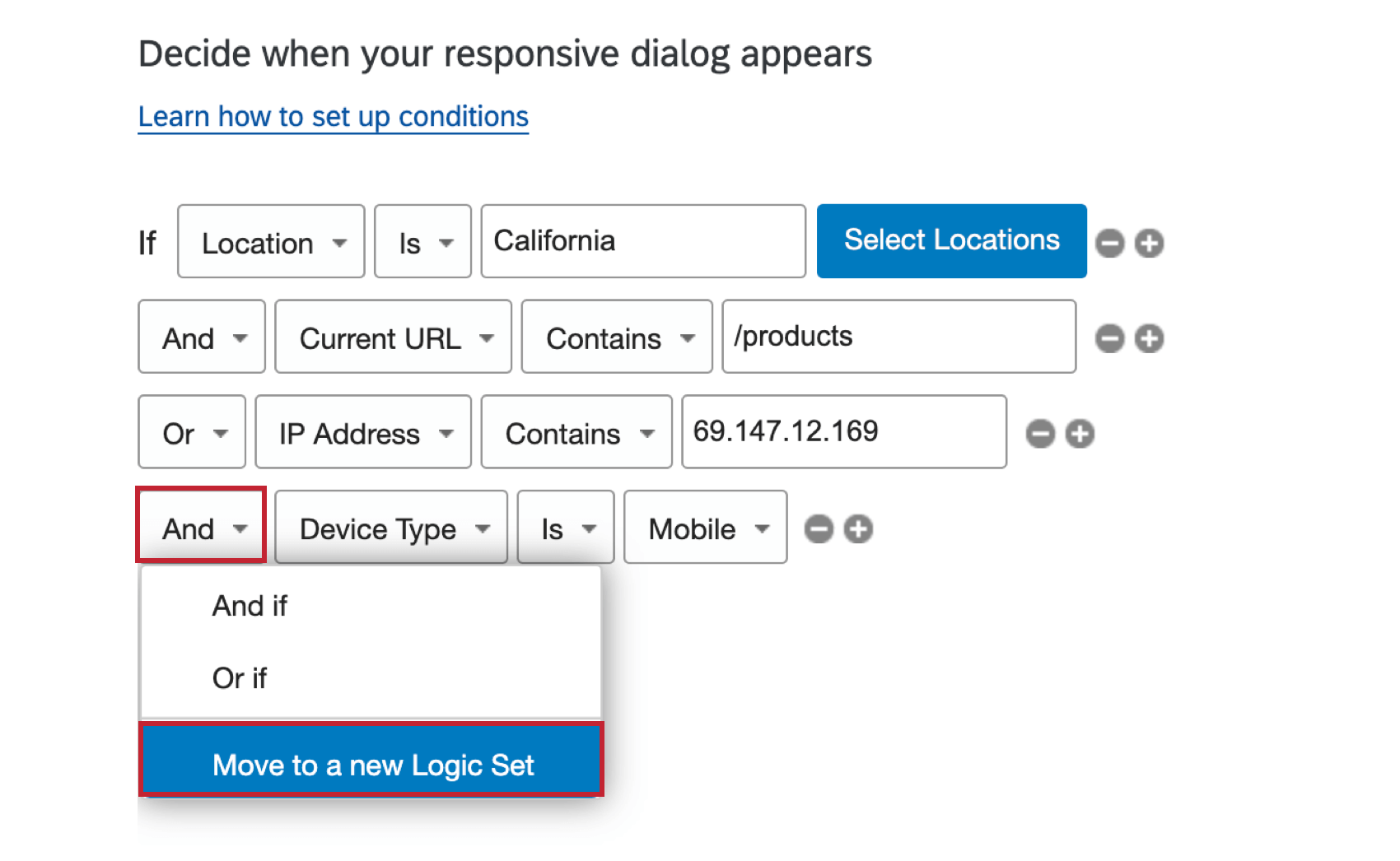 Und Dropdown mit In neuen Logiksatz verschieben hervorgehoben