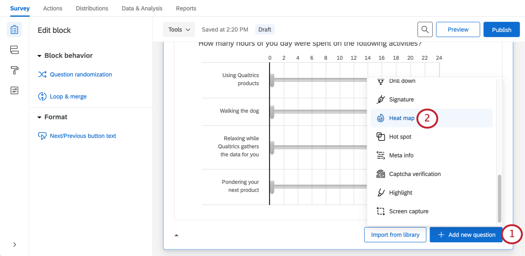 Add new question button bottom-right block, menu with question types opens from it