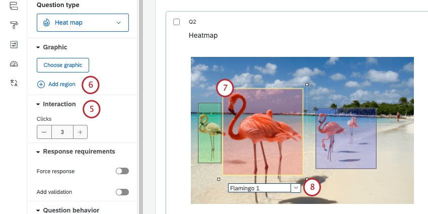 increasing clicks to 3, then adding regions over each of the flamingos in the picture