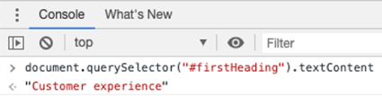 Chrome developer tools. Console selected. Throw in the Javascript we provide, and it returns a value in red, the name of the wikipedia page