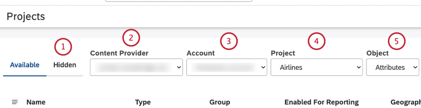 Wählen Sie die Registerkarte Ausgeblendet. Wählen Sie Content-Provider, Benutzerkonto, Projekt, Projektattribute, Klassifizierungsmodelle und Rubriken aus.