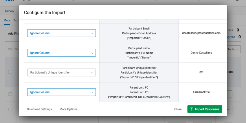 Import responses preview window