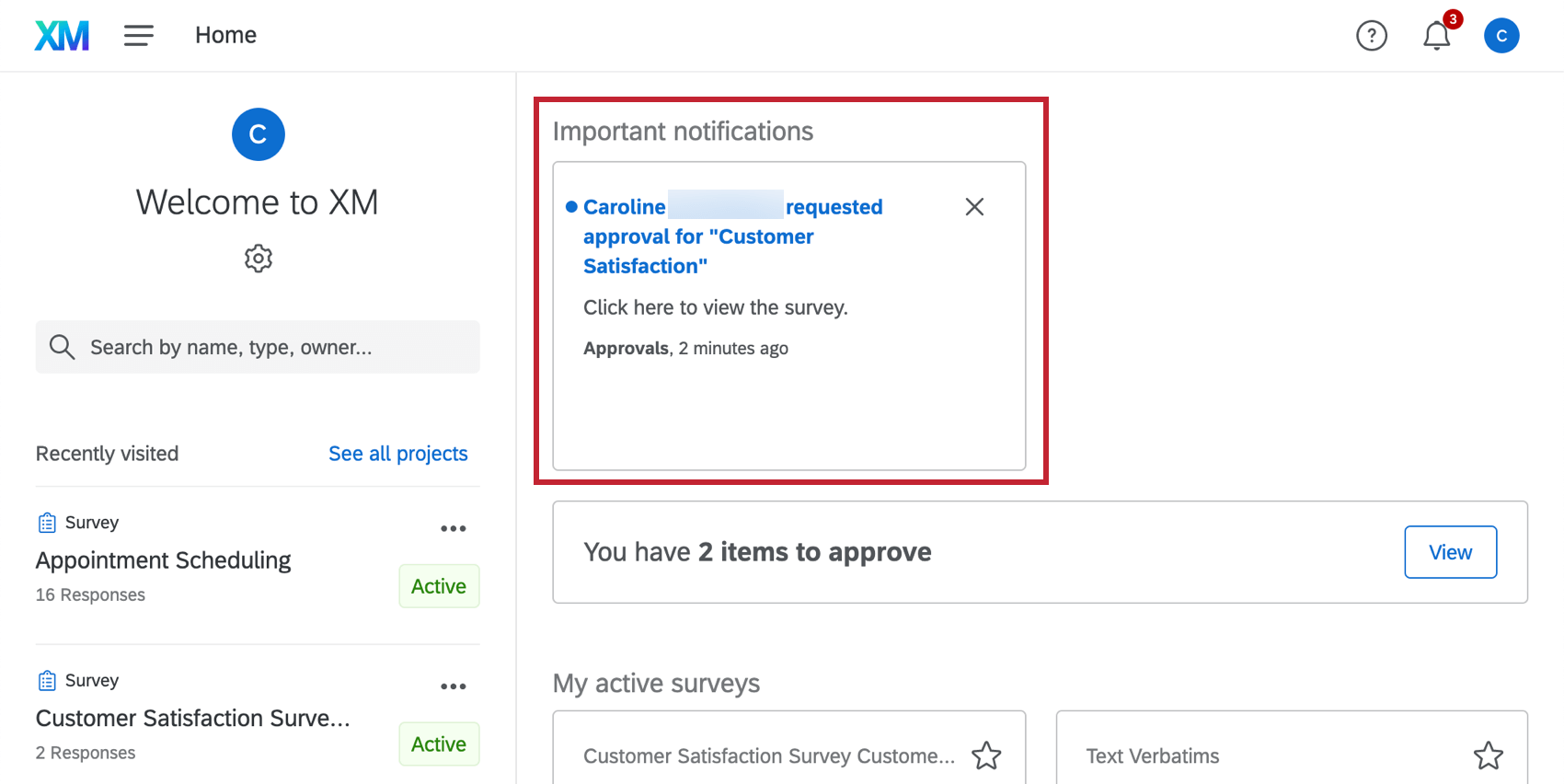 Section de notification de la page daccueil