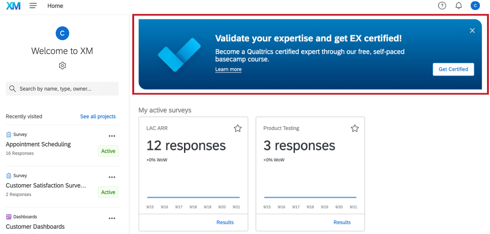 Page daccueil Qualtrics section apprentissage