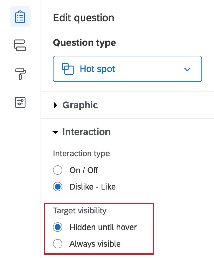 Target visibility settings in the question editing pane