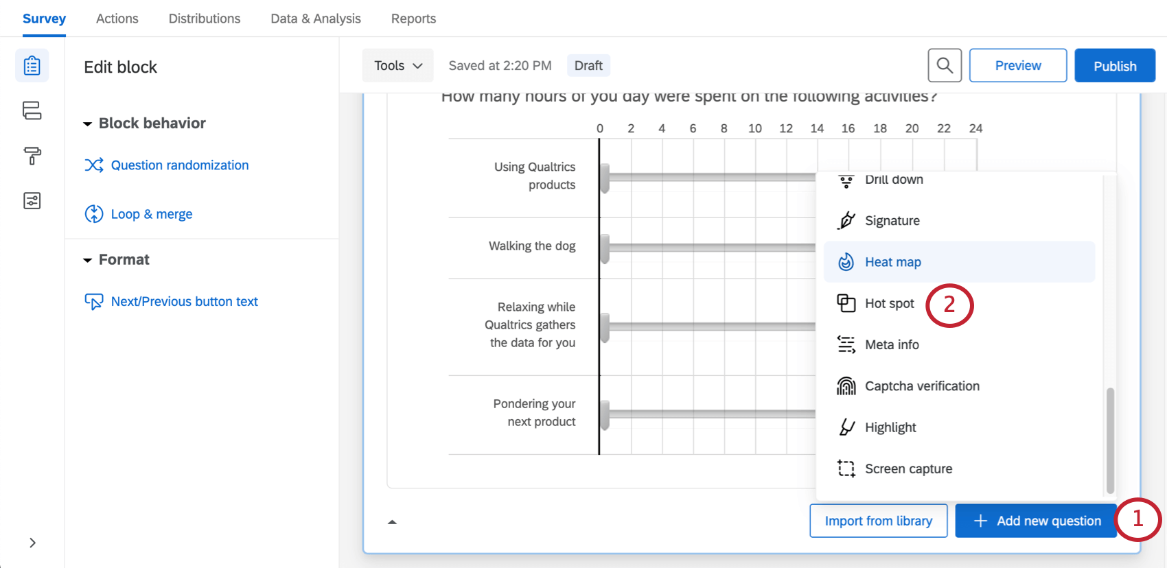 Blue add new button bottom-right of block, once clicked has menu with question types listed