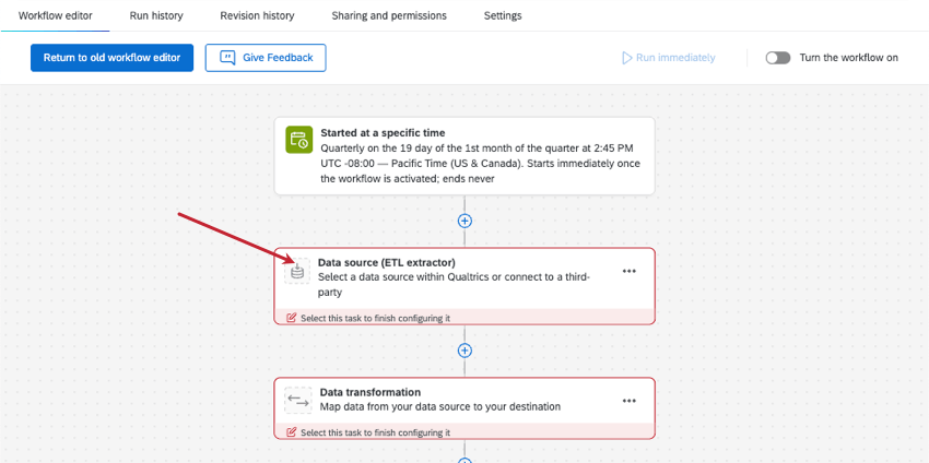 creating an ETL task, the second widget on the screen lets you add a data source