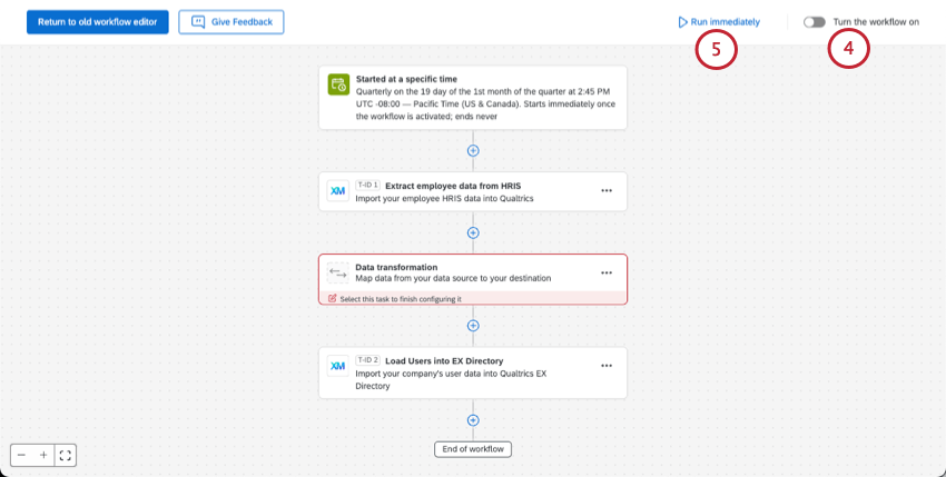 using buttons in upper-right of workflow editor to activate and run the workflow