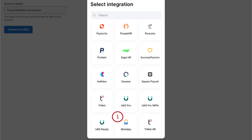 window with list of integrations highlighting workday