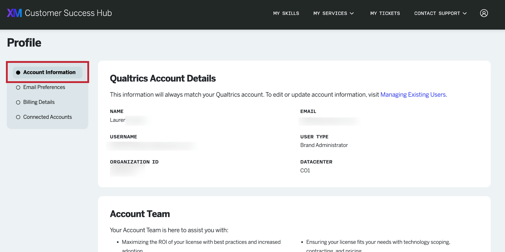 the account information tab in the hub profile page