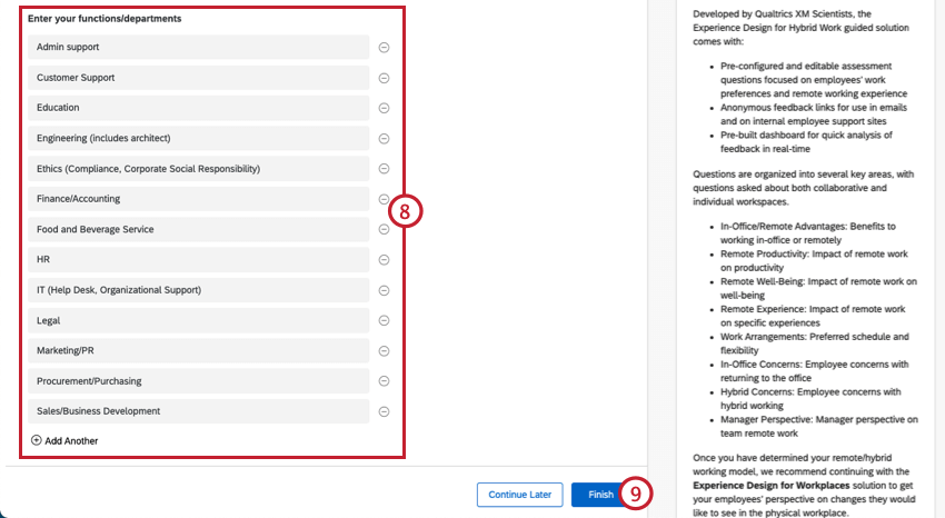 Inserção de seus departamentos para personalizar sua solução XM