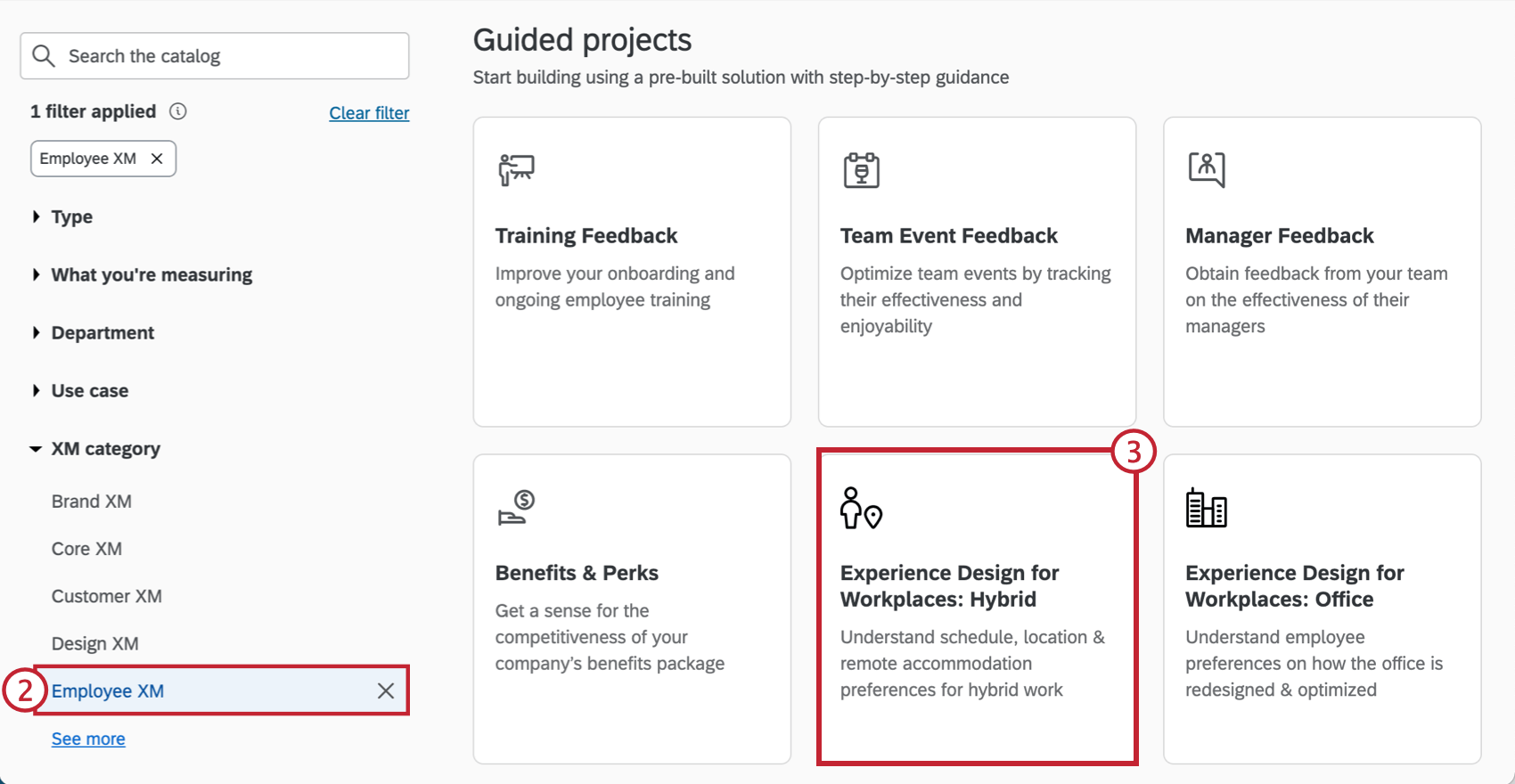 selecting employee xm, then selecting the hybrid workspace project from the catalog