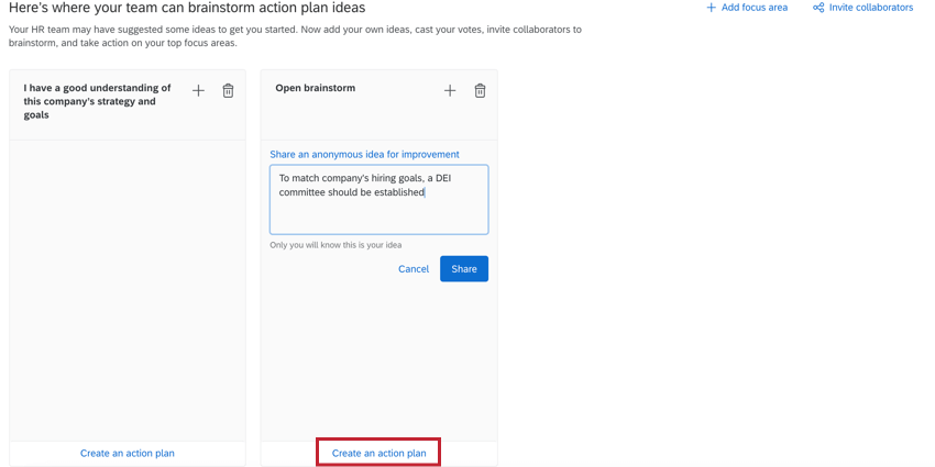 clicking create an action plan at the bottom of an idea board