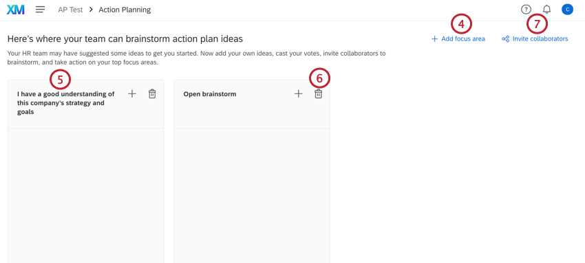 adicionar uma áreas de enfoque, uma ideia e convidar colaboradores