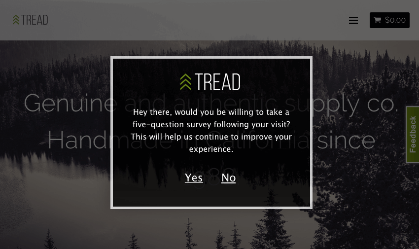 影のようなウェブサイトの上に黒いグラフィックが現れる。上部には「Tread」と書かれたロゴがある。中にはフィードバックを求めるメッセージと、イエスとノーのリンクがある。