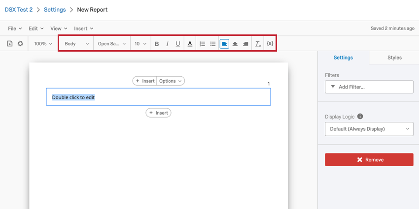 image of the rich content editor in a report template