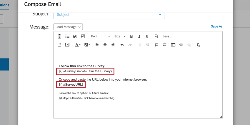 E-Mail-Editor mit dynamischem Text für Umfrage-Links