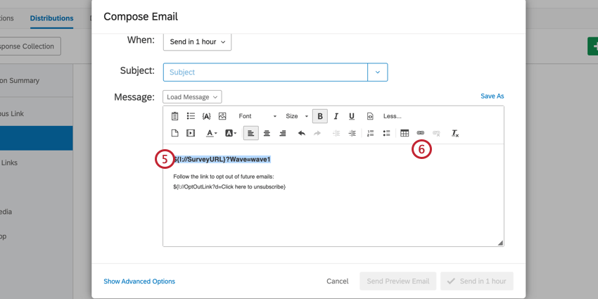 Hervorheben der URL im E-Mail-Editor und Verknüpfen der URL durch Klicken auf die Hyperlink-Schaltfläche