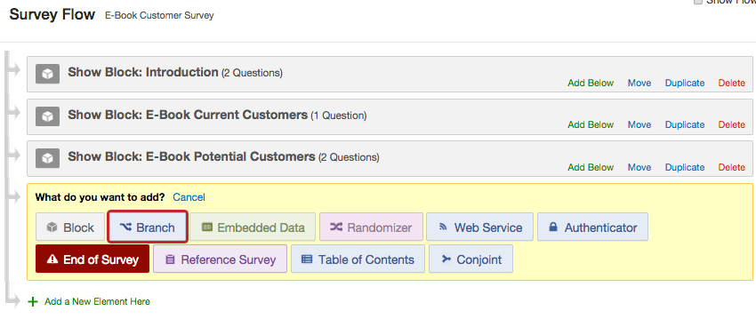Yellow What do you want to add? menu with Branch selected