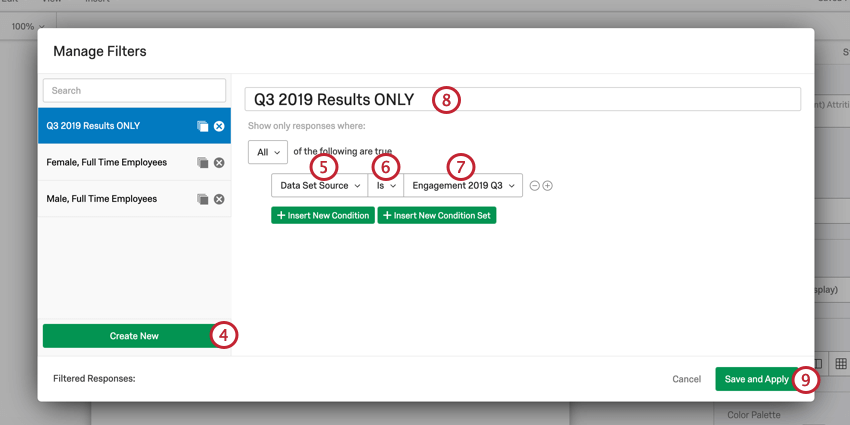 image of creating a filter based on a specific dashboard data source. The logic is "data set source" "is" "engagement 2019"