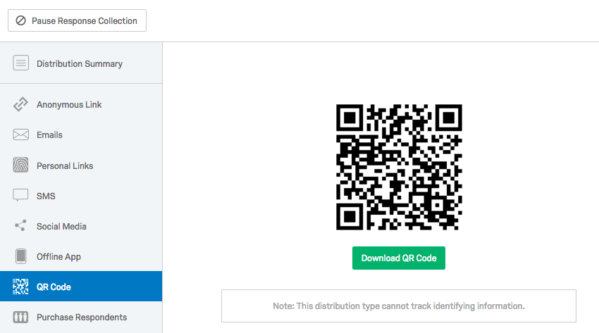 QR Code page selected from the lefthand pane of of the Distributions tab