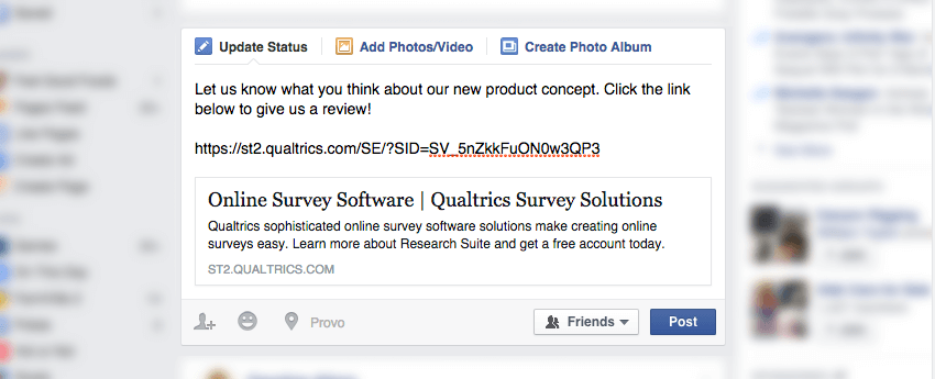 Um link do Qualtrics postado no Facebook