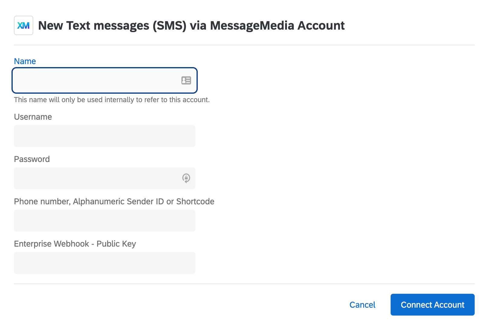 Image of window where you enter messagemedia connection information