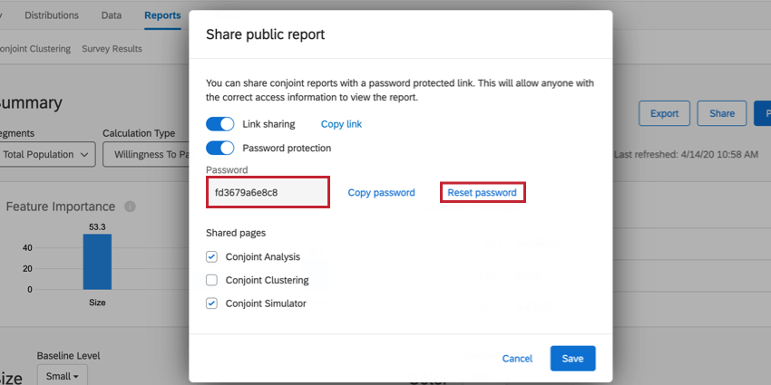 the sharing screen. password protection has been enabled. you can copy or edit the password in the password box. click reset password to reset the password