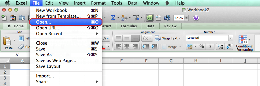 Going to File and Open on Excel