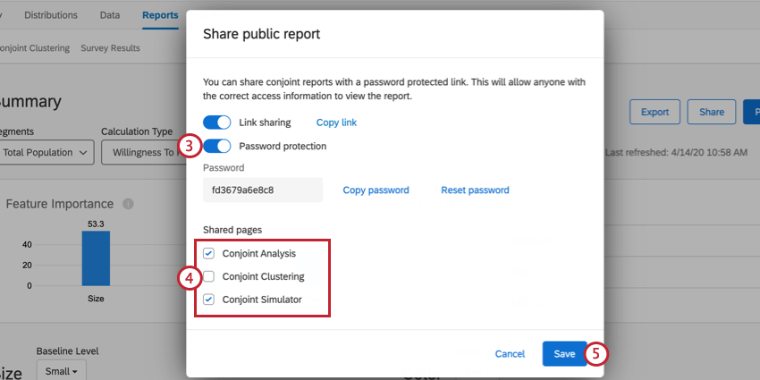 sharing a report. password protection is enabled. under shared pages, the conjoint analysis and simulator reports aree selected while the clustering report is deselected
