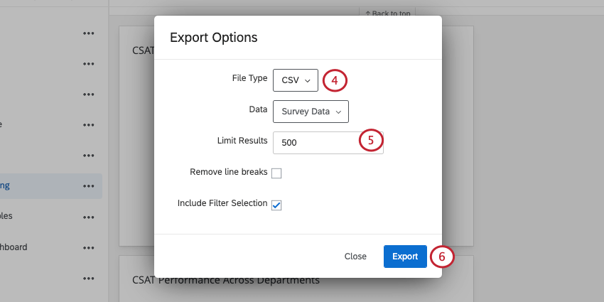 エクスポートオプションウィンドウには、ファイルタイプはcsv、結果は500件に制限、改行の削除は未選択、結果をフィルターに含めるは選択されていると表示されています。