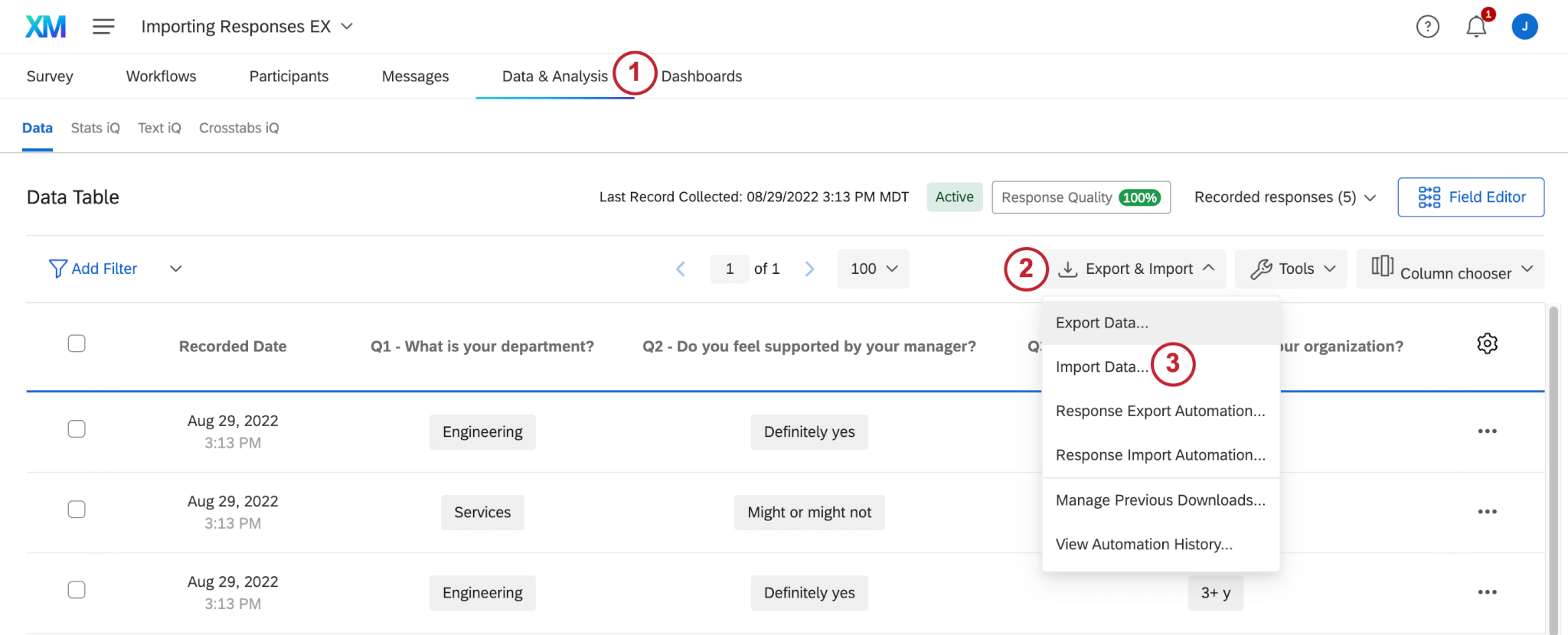Import Data option from Export & Import dropdown in Data & Analysis tab