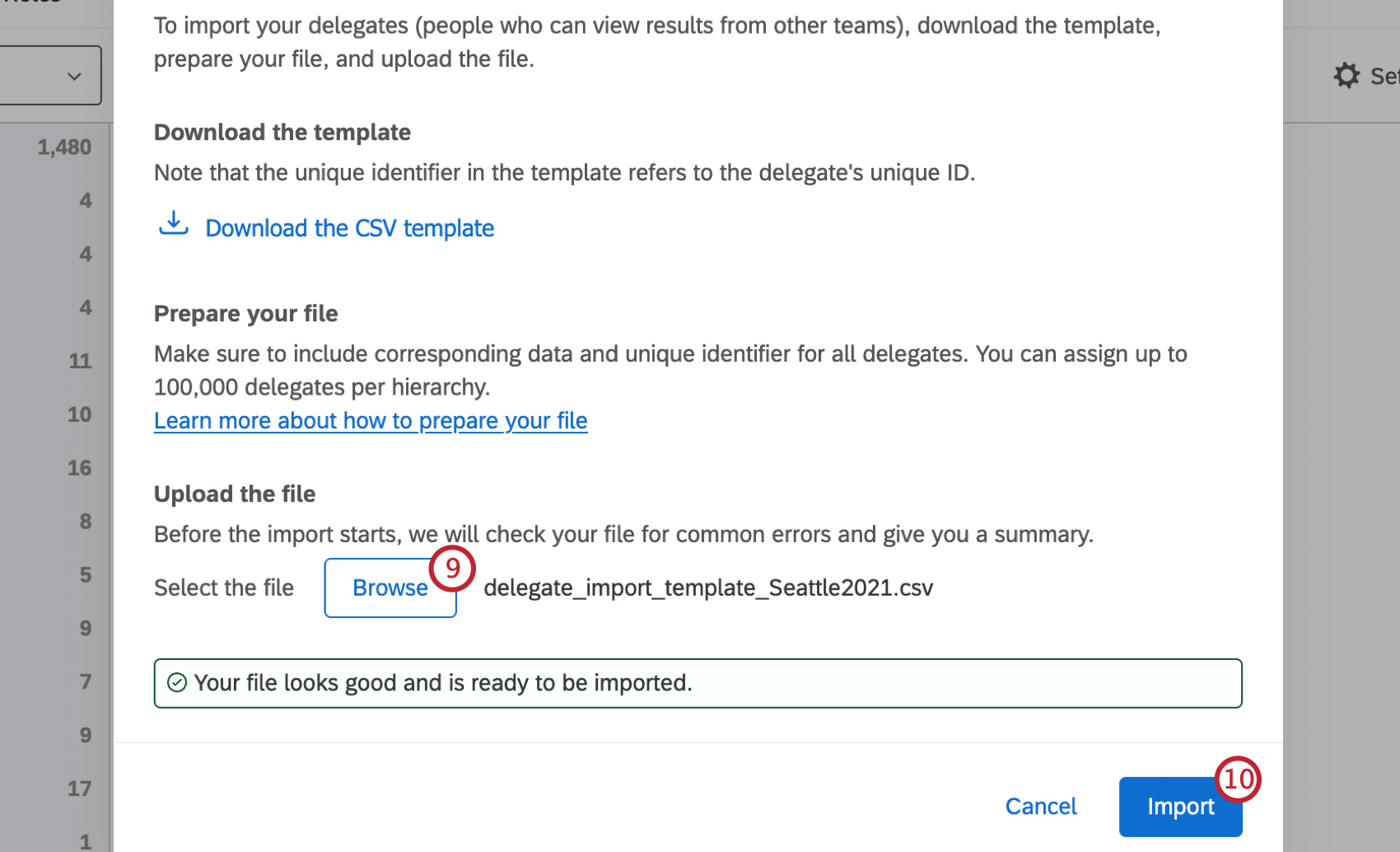 facendo clic su sfogliare per selezionare un file e quindi importare