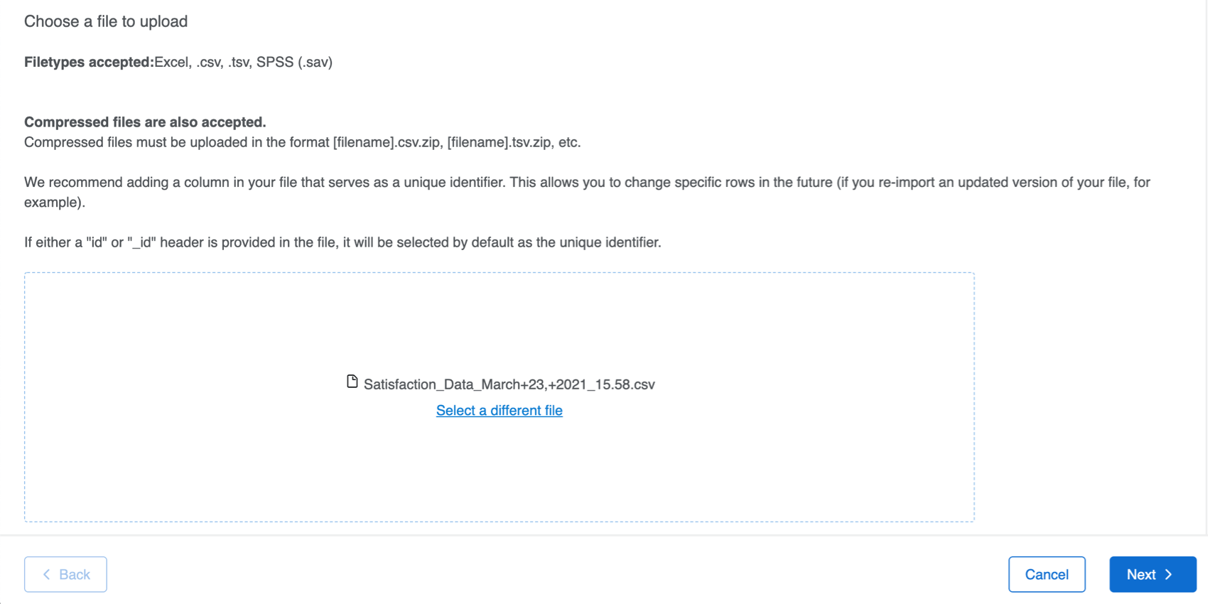Import option with instructions, a button in the center for uploading a file