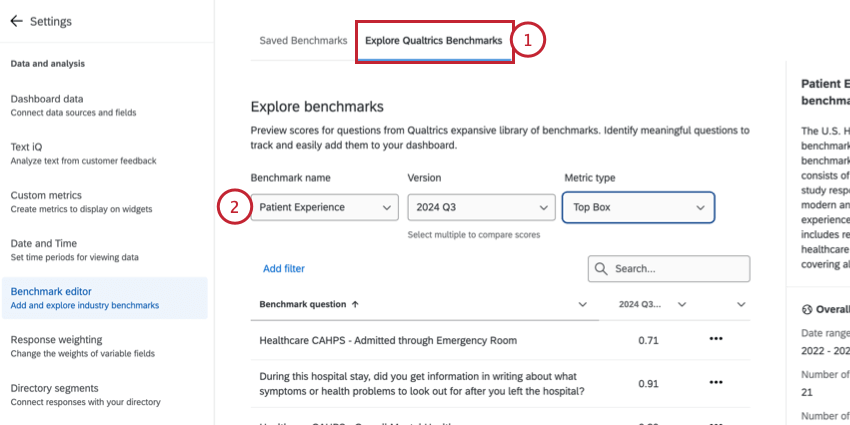 explore page of benchmark editor
