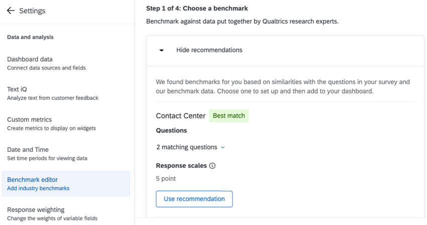 box at top of benchmark builder has a recommendation, highlighted with a banner that says best match