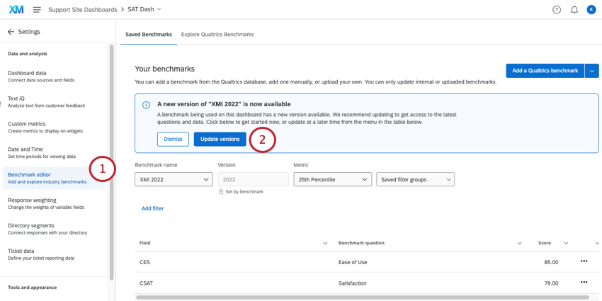 update versions banner along the top of the benchmark editor