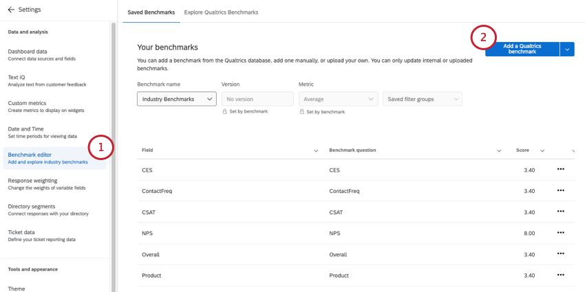 benchmark editor in dashboard settings