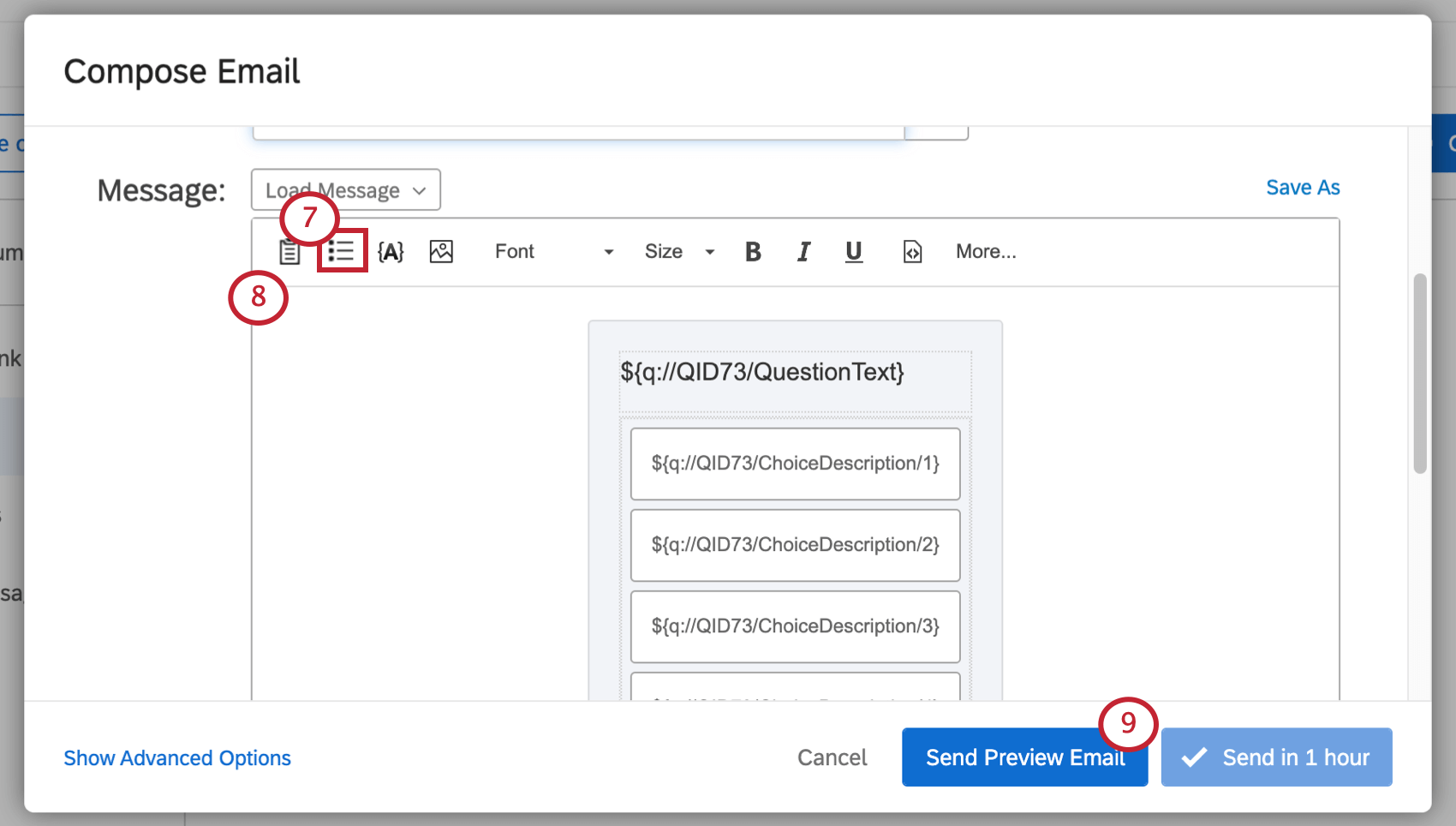 Inline-E-Mail-Drucktaste an zweiter Stelle im Rich Text Editor. Sieht aus wie eine kleine Aufzählungsliste