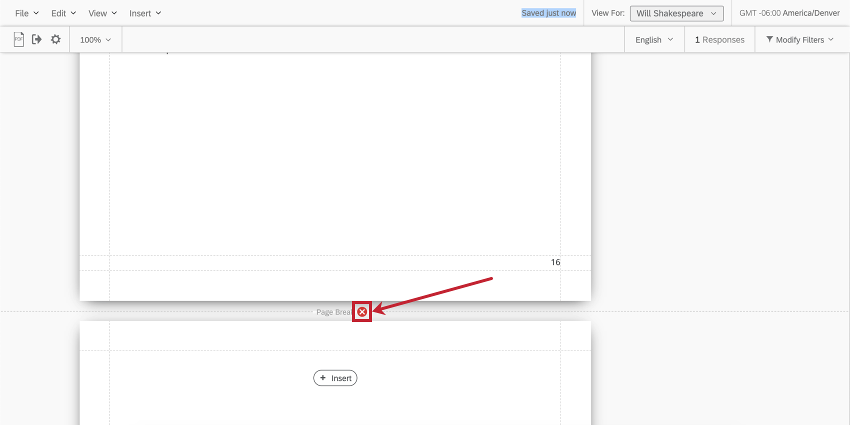 Remove Page Break by clicking the X on the Page Break between pages